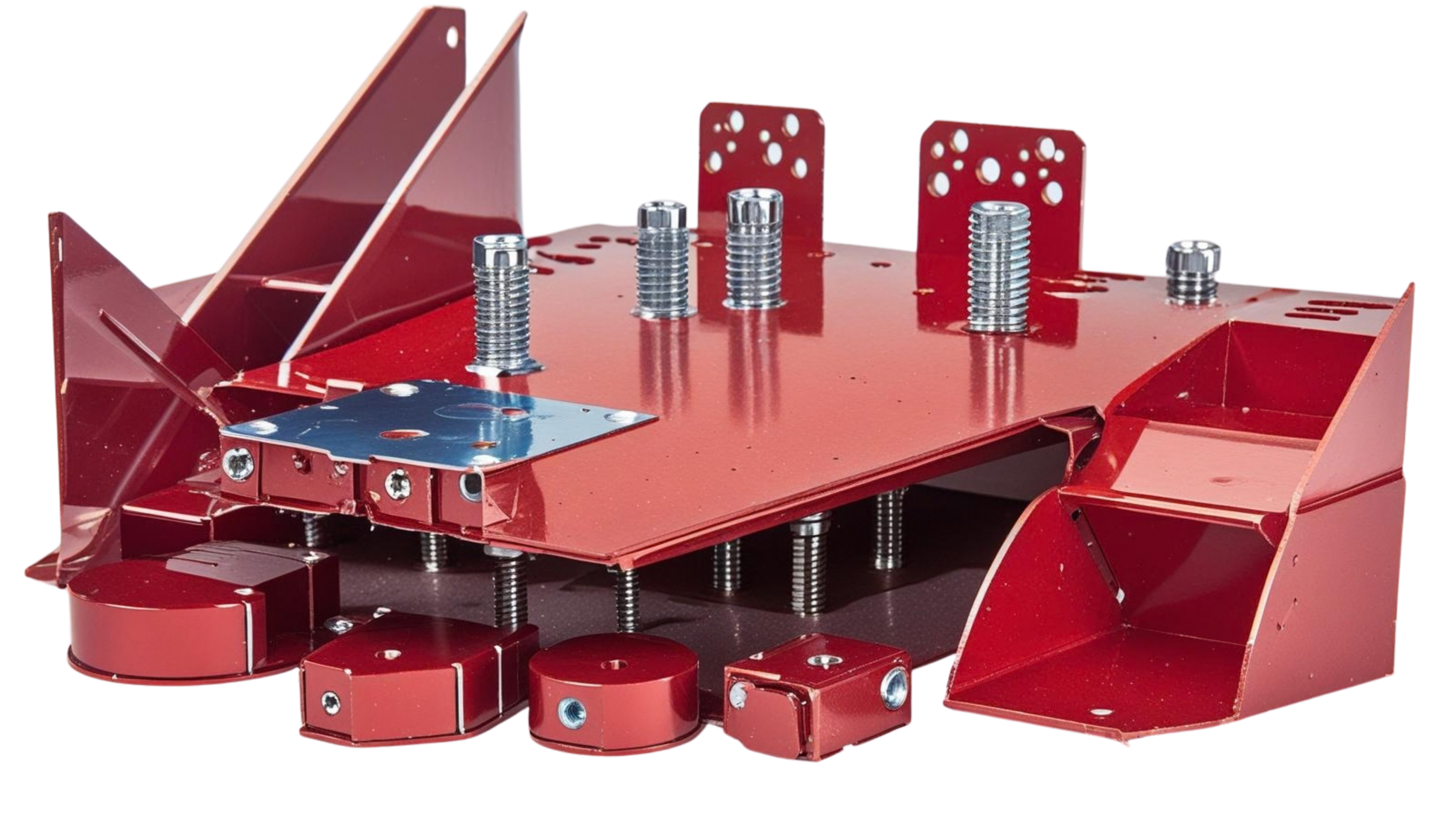 Red powder coated stacked metal parts